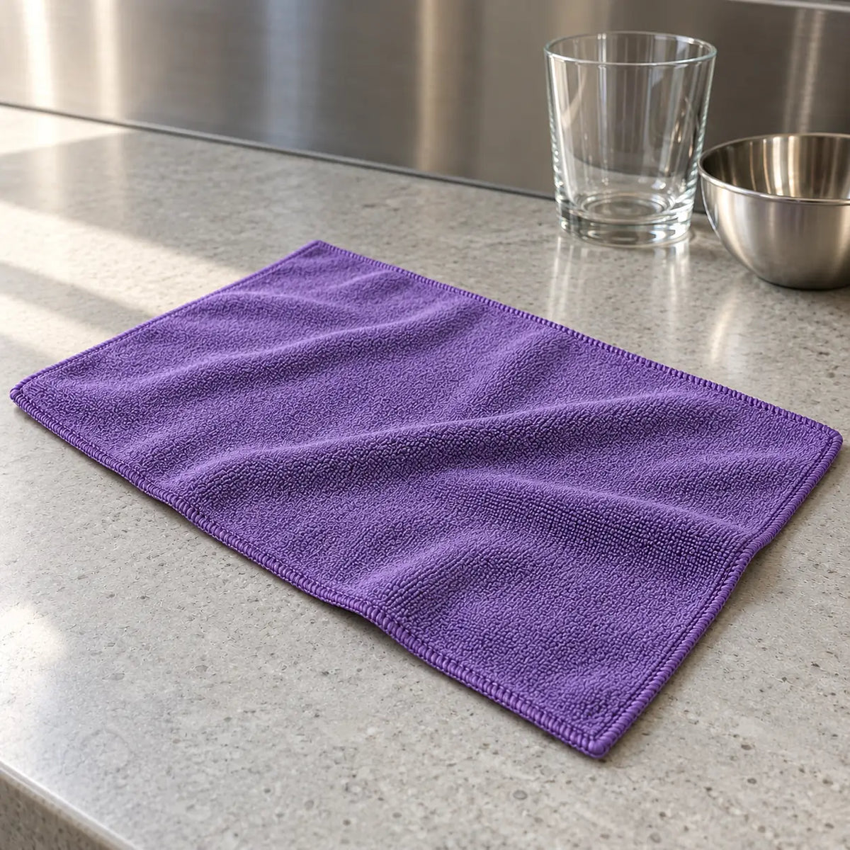 Large purple microfibre cleaning cloth 60 x 40 cm laid flat on a kitchen bench