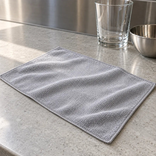 Large silver microfibre cloth 60 x 40 cm laid flat on a kitchen bench NZ