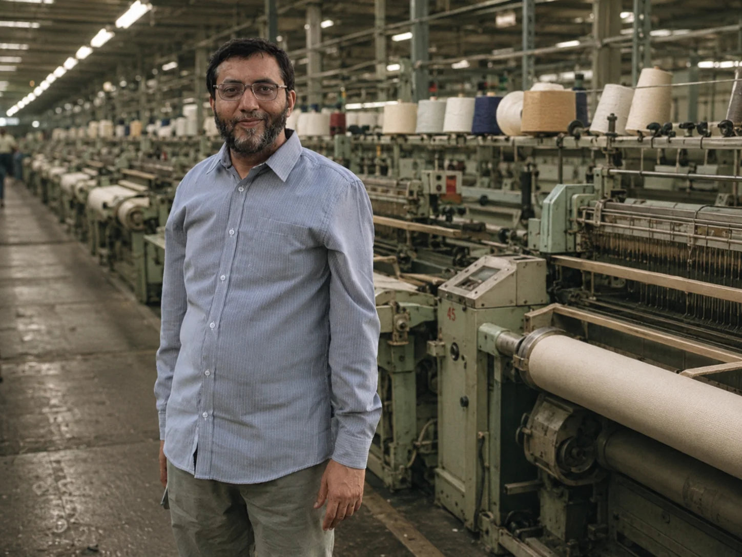 Abdul Malik inside a textile manufacturing facility, bringing decades of industry experience to GLT Linen & Towels and New Zealand's hospitality sector.