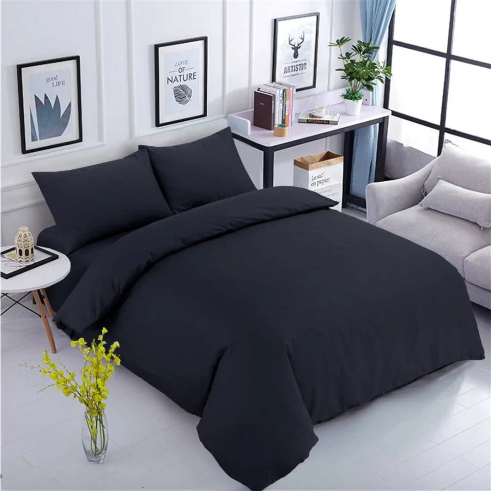Black 100% cotton duvet cover set with matching pillowcases for premium hotel accommodation.