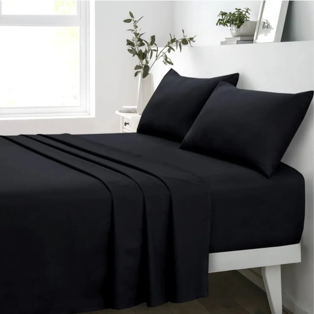 Black Ultima 100% cotton Queen hotel sheet set with fitted sheet, flat sheet and pillowcases