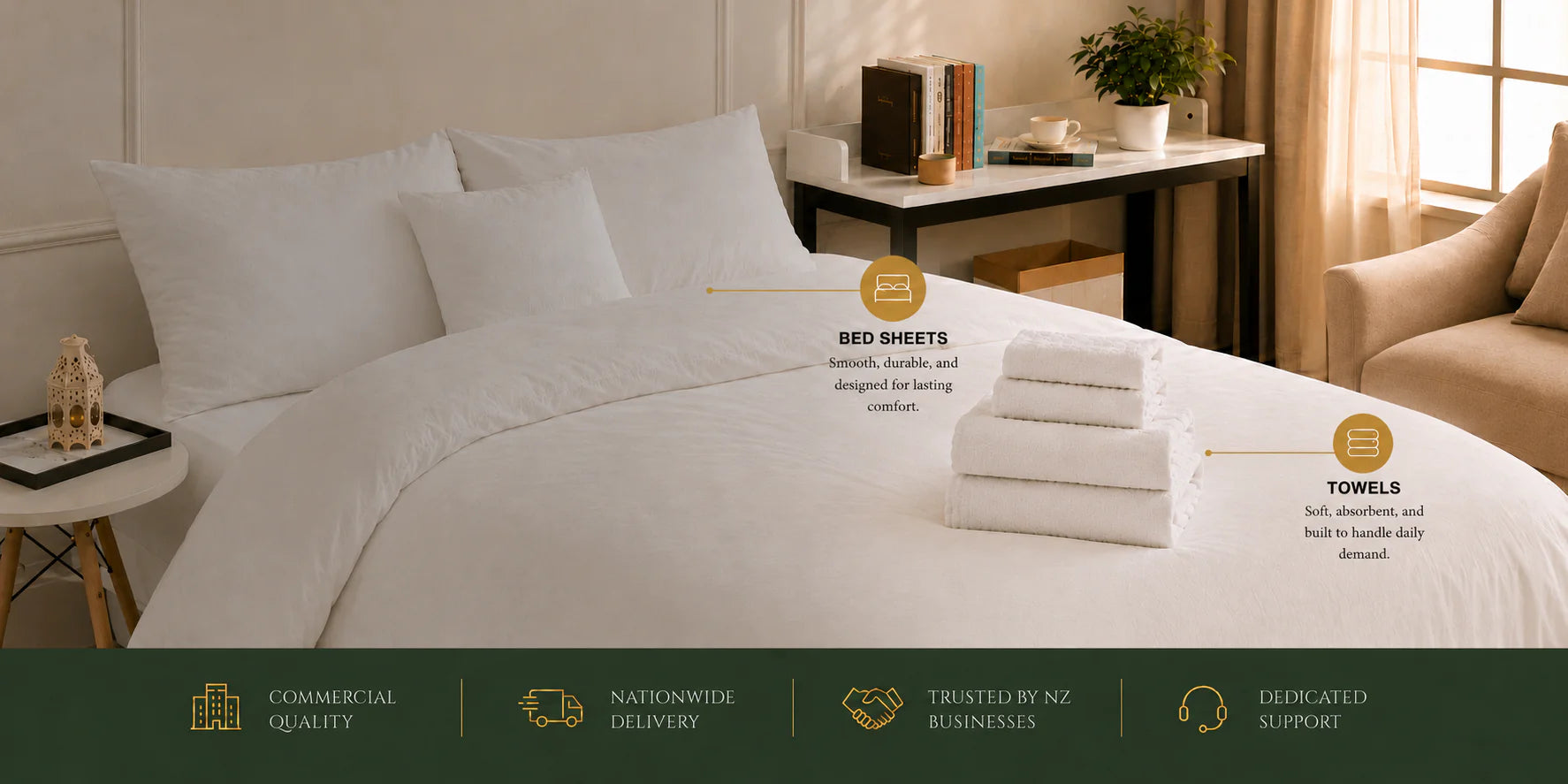 Commercial hotel linen and wholesale towels supplied across New Zealand for hotels, motels, Airbnb accommodation and hospitality businesses.
