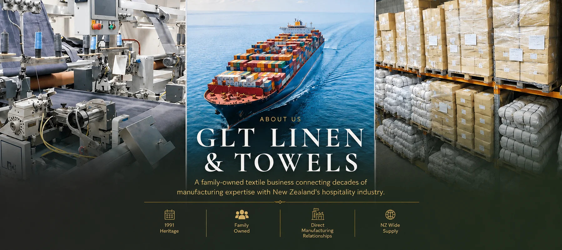 GLT Linen & Towels warehouse and manufacturing operations supporting hotels, motels and hospitality businesses with commercial linen and wholesale towel supply across New Zealand.