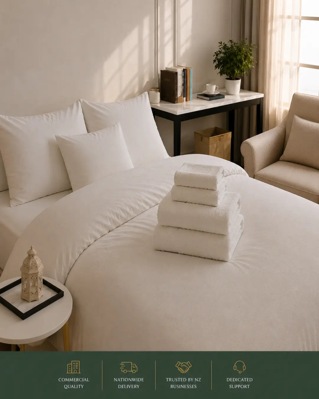 Hotel linen, hotel sheets and wholesale towels supplied across New Zealand for hotels, motels, Airbnb properties and hospitality businesses.
