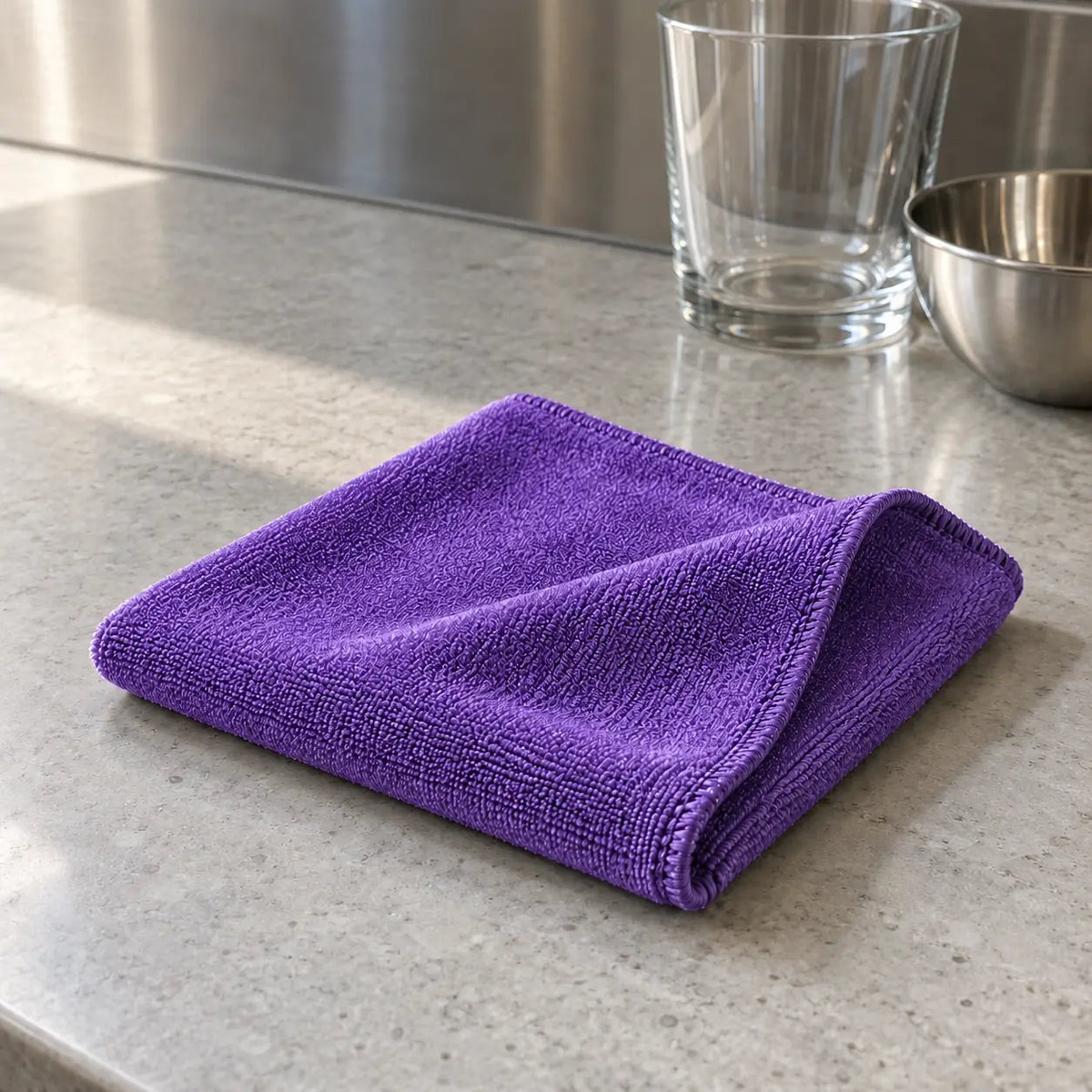 Purple microfibre cleaning cloth 30 x 40 cm folded on a commercial kitchen bench NZ