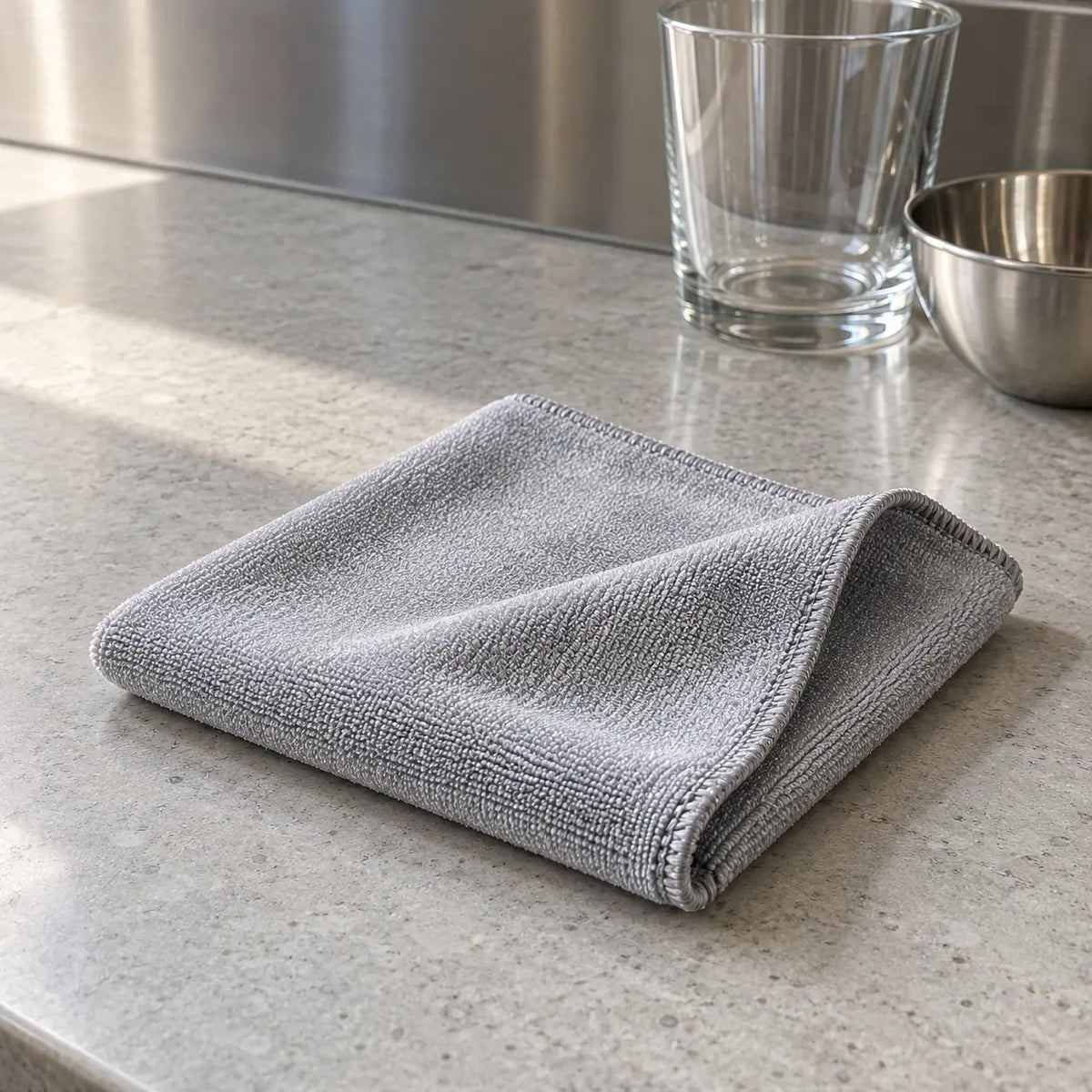 Silver microfibre cleaning cloth 30 x 40 cm folded on a commercial kitchen bench NZ