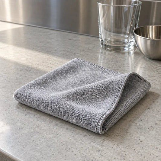 Silver microfibre cleaning cloth 30 x 40 cm folded on a commercial kitchen bench NZ
