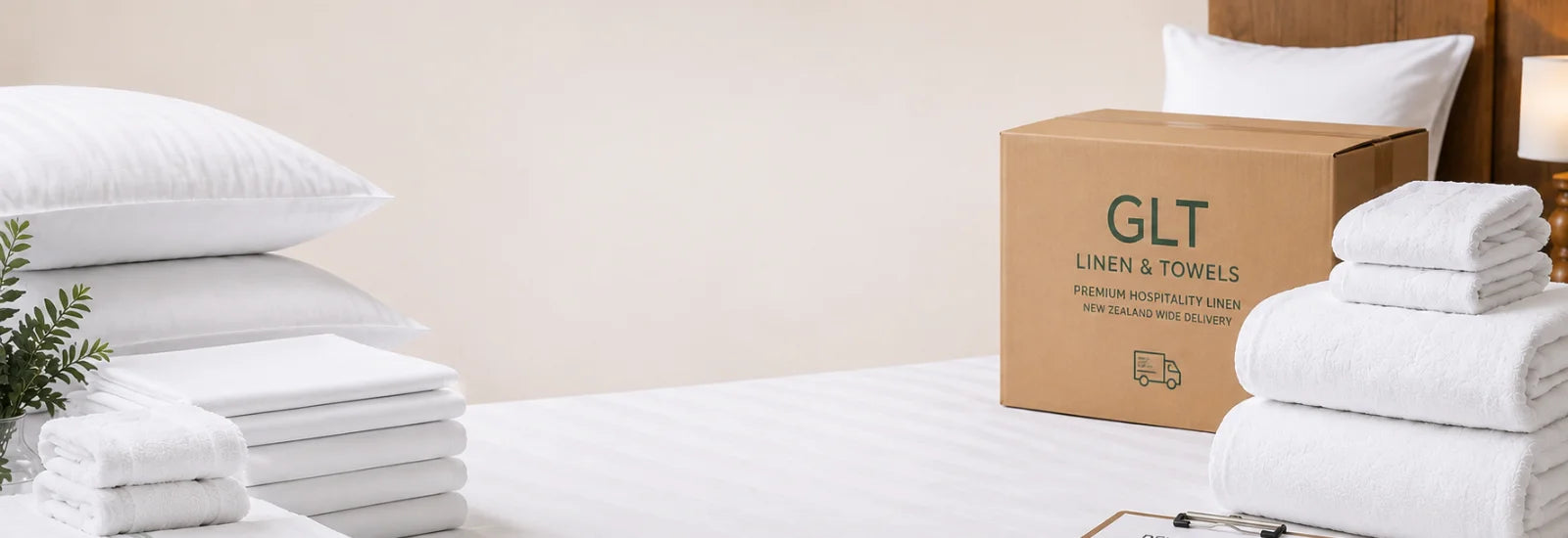 Commercial hospitality linen prepared for nationwide delivery including white hotel bed linen, wholesale towels and kitchen linen supplied by GLT Linen & Towels throughout New Zealand.