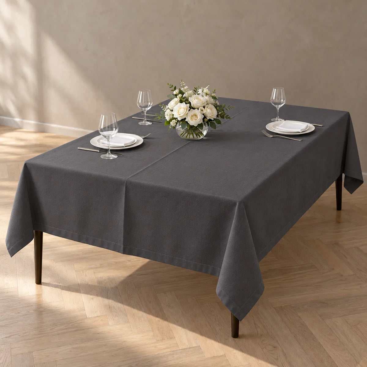Dark grey heavy duty table cloth 140 x 180 cm on a four seat dining table NZ