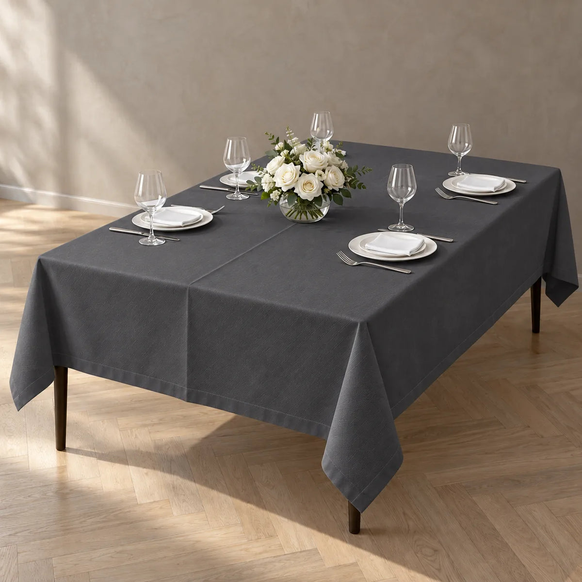 Dark grey commercial table cloth 140 x 200 cm on a restaurant dining table NZ