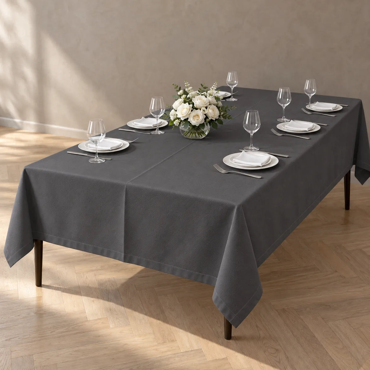 Dark grey polyester twill table cloth 140 x 240 cm on an eight seat table NZ