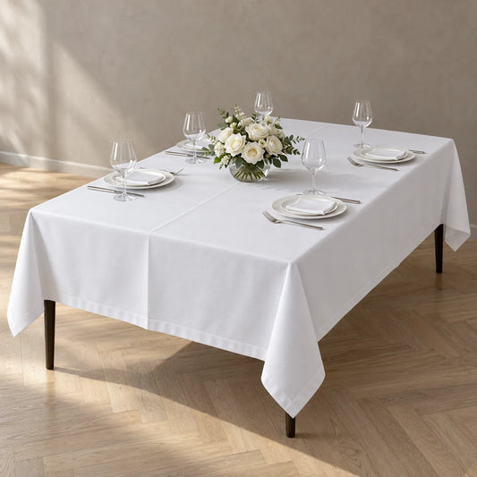 Luxury white heavy duty table cloth 140 x 220 cm on a six seat fine dining table NZ