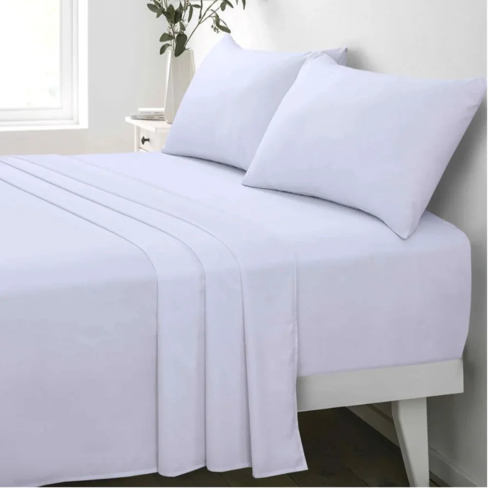 White Ultima 100% cotton Queen hotel sheet set with fitted sheet, flat sheet and pillowcases.