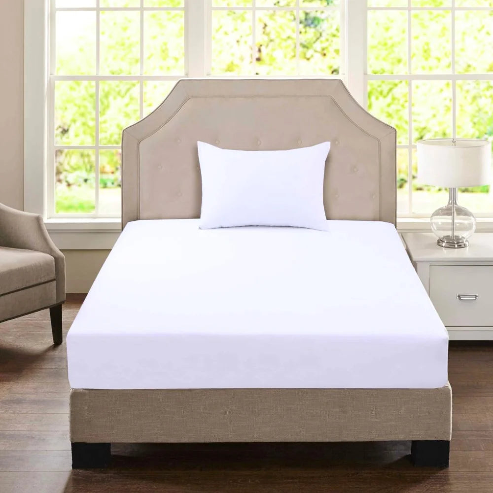 White King Single polycotton fitted sheet and pillowcase presented on a neatly made accommodation-style bed.