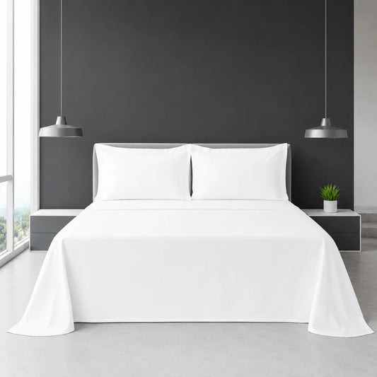 White percale flat sheet in Double, King, Super King, Queen, and California size for hotels and commercial accommodation in New Zealand