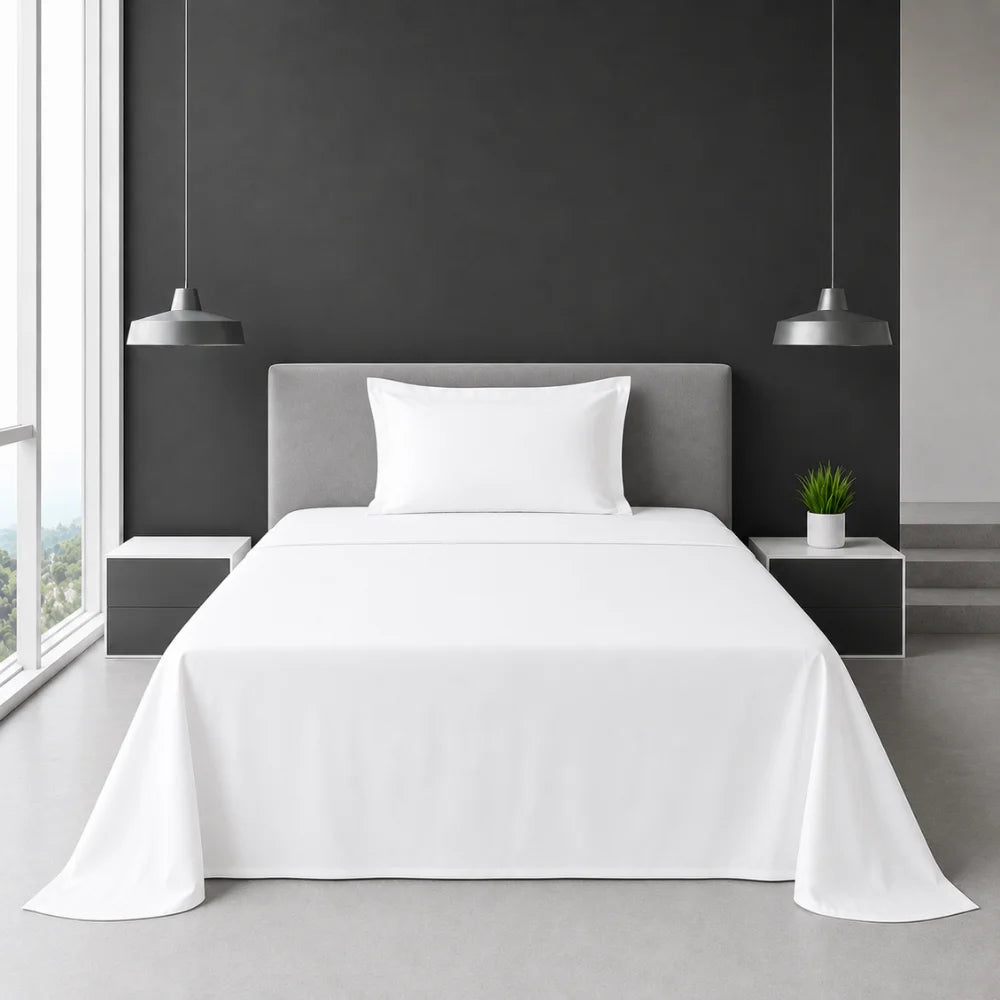 White percale flat sheet in King Single size for hotels and accommodation providers in New Zealand.