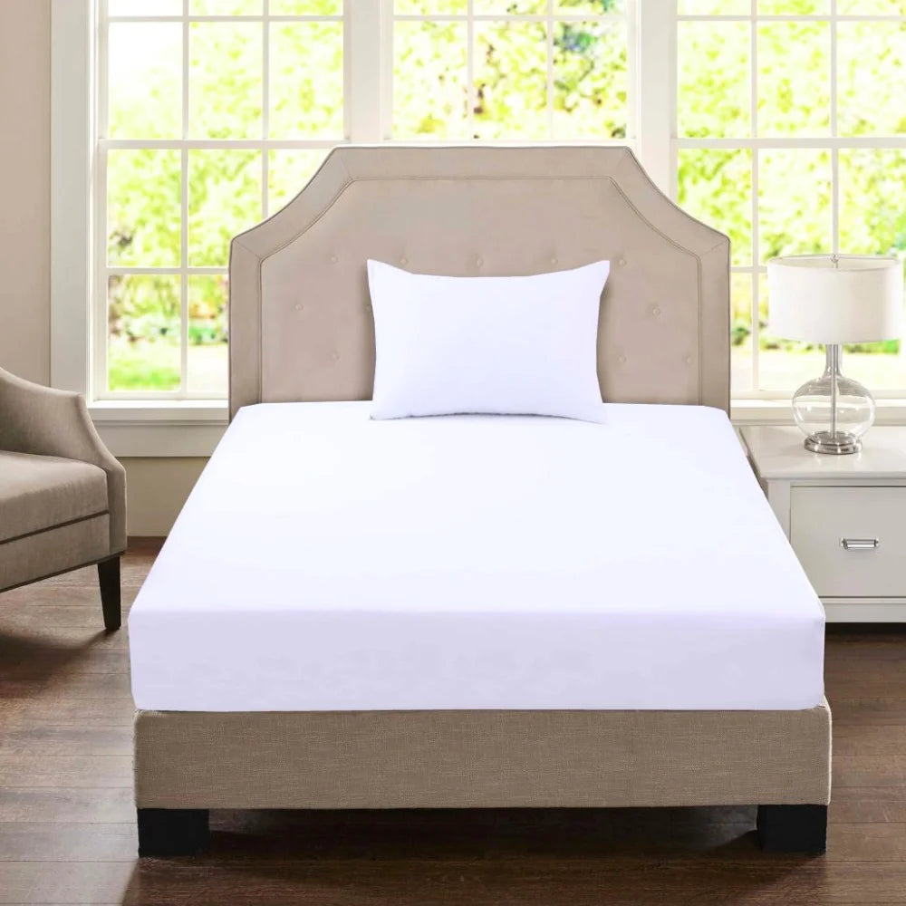 White Single economy fitted sheet with a white pillowcase displayed on a commercial accommodation bed.